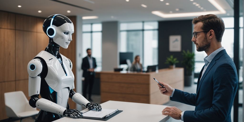 AI robot receptionist with curious employee in modern office.