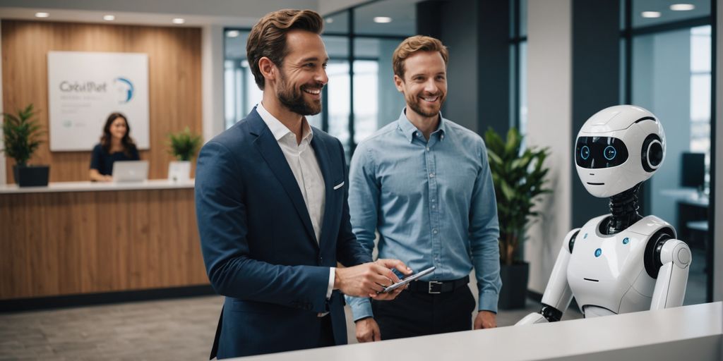 AI robot receptionist with human visitor
