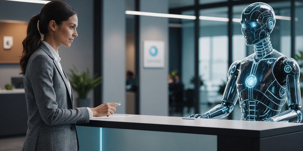 AI hologram assisting visitor in modern office reception.