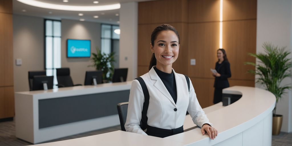 AI robot receptionist behind a modern reception desk