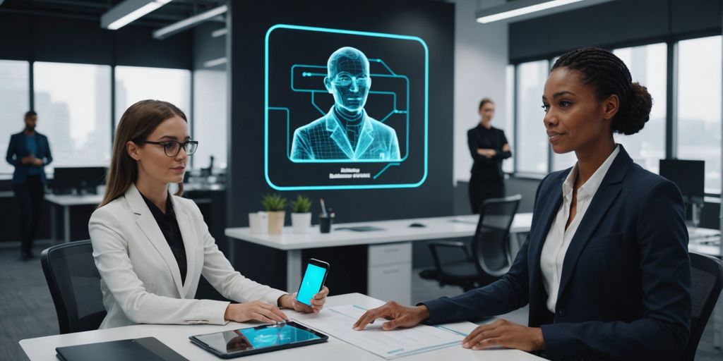 AI receptionist hologram assisting clients in modern office