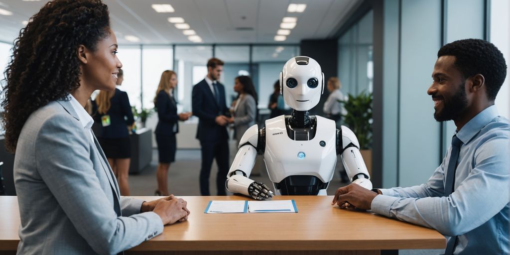 AI robot receptionist in a modern office with people