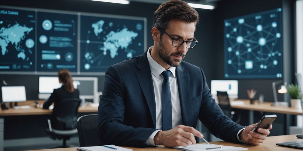 Business professional using smartphone with AI elements.