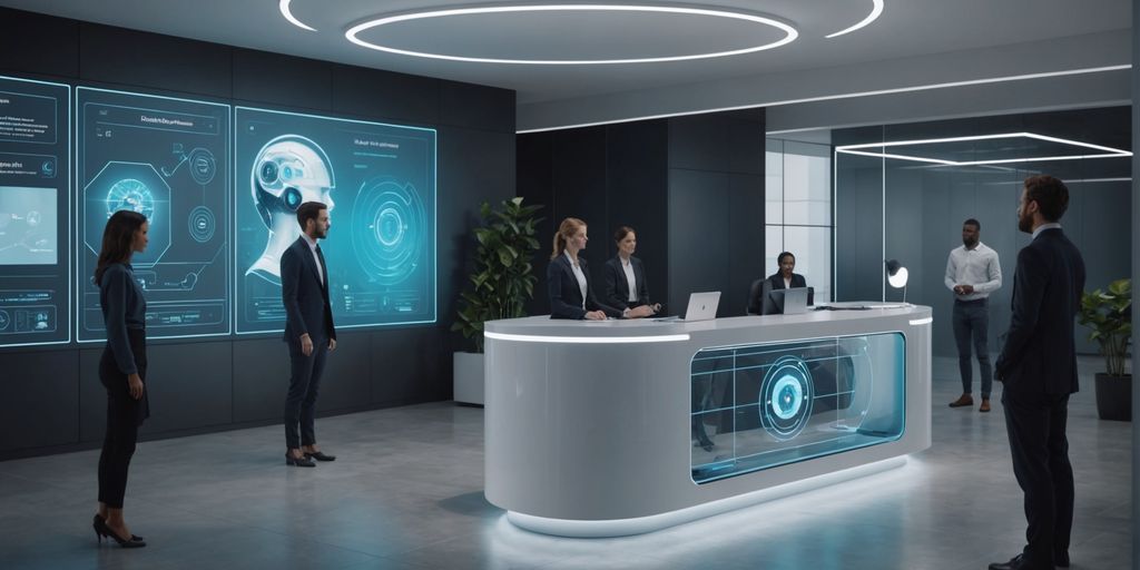 AI receptionist hologram in a modern office lobby