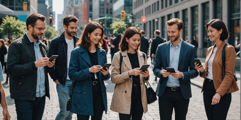 People using AI devices in a city