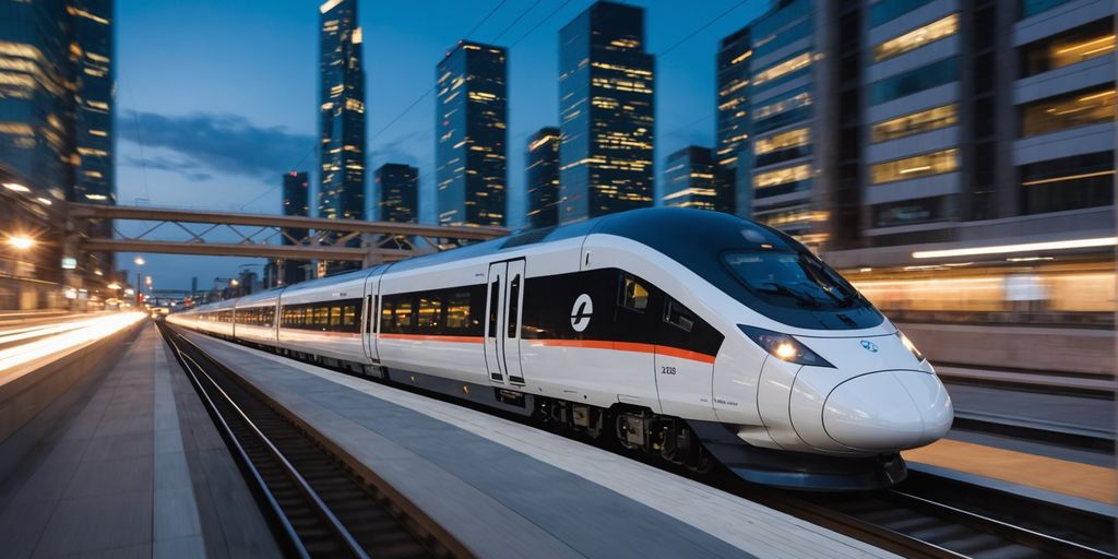 High-speed train in modern city at dusk