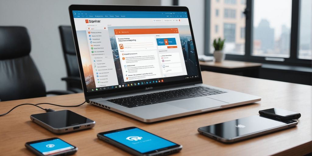 Office desk with laptop and smartphone showing digital networking.