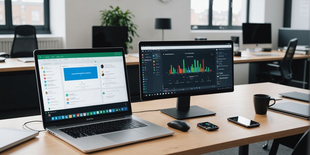 Modern office with digital networking and parallel calls