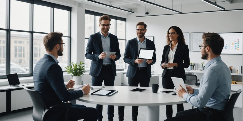 Professionals discussing AI networking tools in a modern office.
