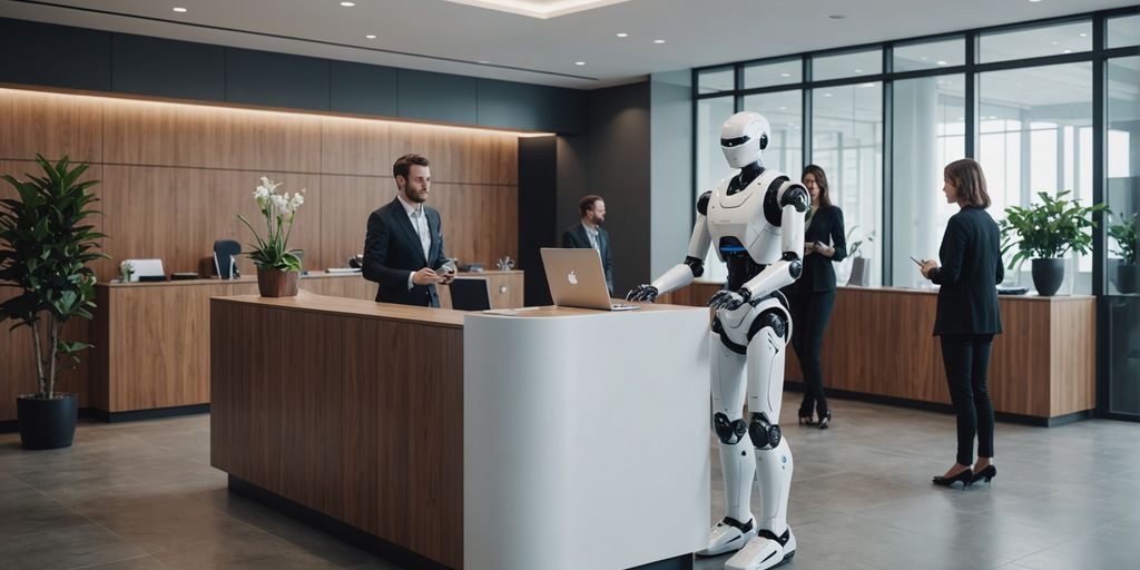 Humanoid robot receptionist in modern office lobby.
