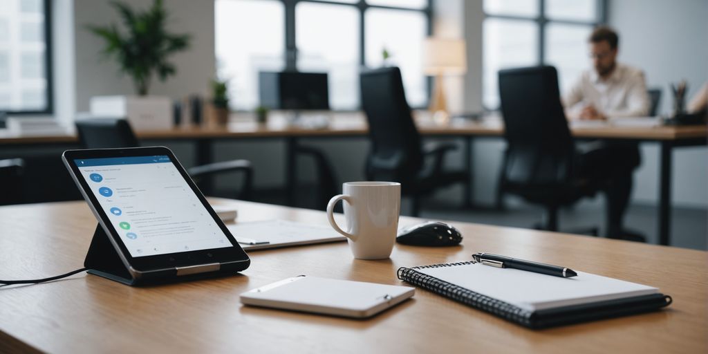 Modern office desk with smartphone and digital assistant.