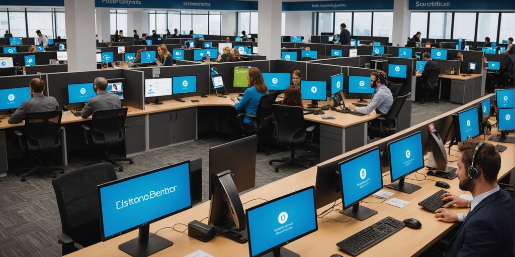 AI assisting customer service representatives in a busy center.