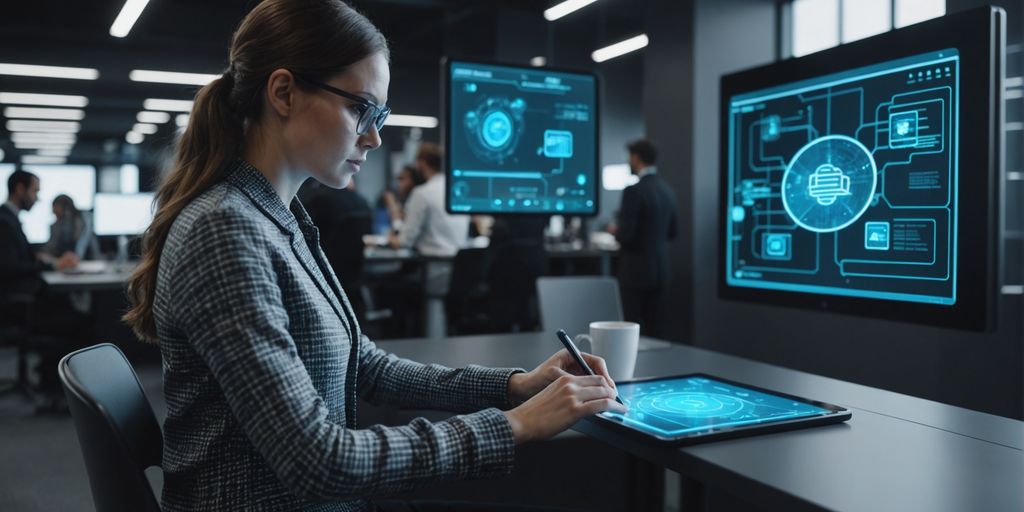 AI assistant taking notes in a busy office