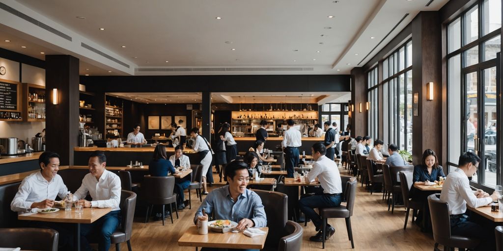 Busy restaurant with waitstaff serving customers