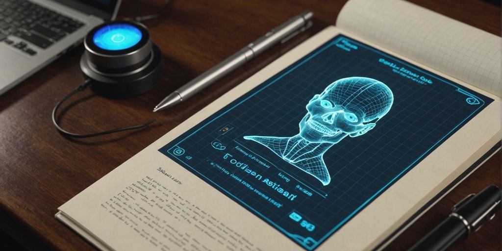 AI hologram emerging from old message pad