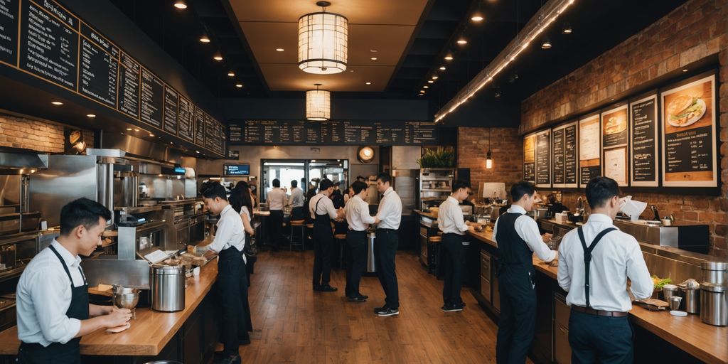 Waitstaff serving customers in a busy restaurant.
