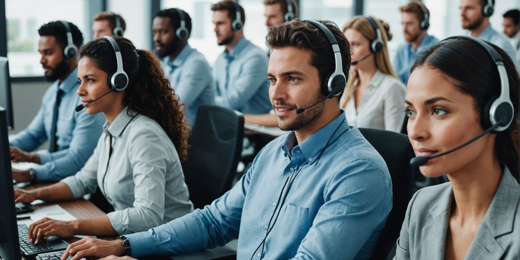 Call center agents on headsets engaged in conversations.