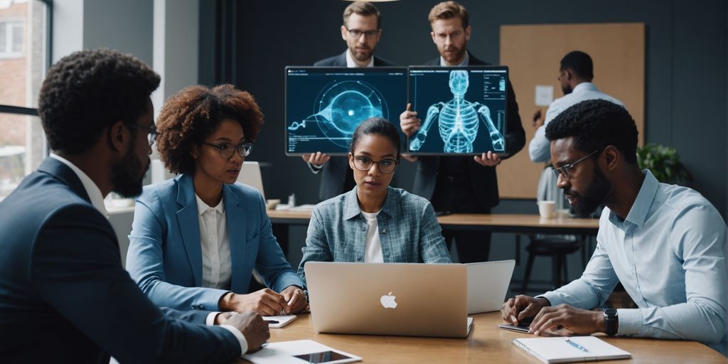 Team collaborating with AI hologram