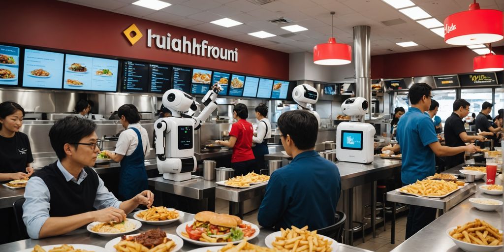 AI robots assisting in a busy fast food restaurant.
