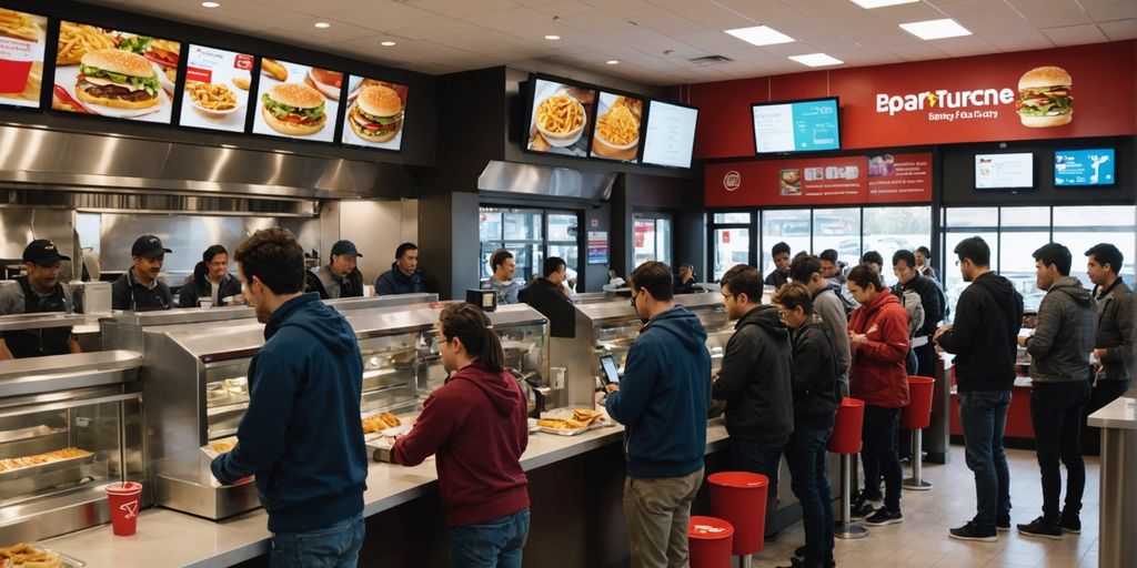 Fast food restaurant with AI kiosk during lunch rush.