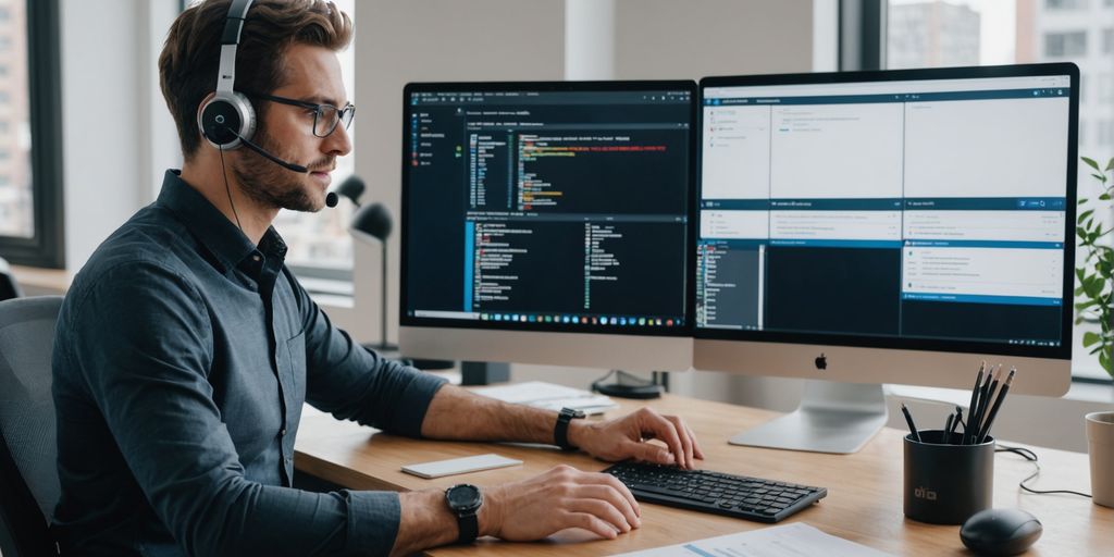 Office desk with computer and phone