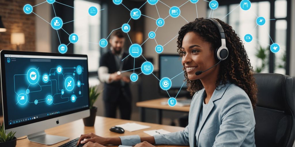 Customer service rep with AI interface and client icons