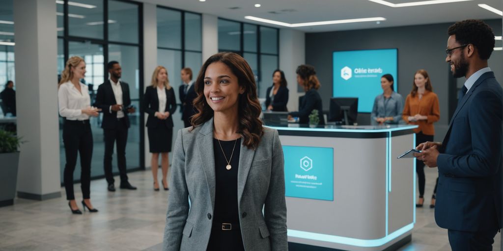 AI receptionist assisting people in modern office lobby