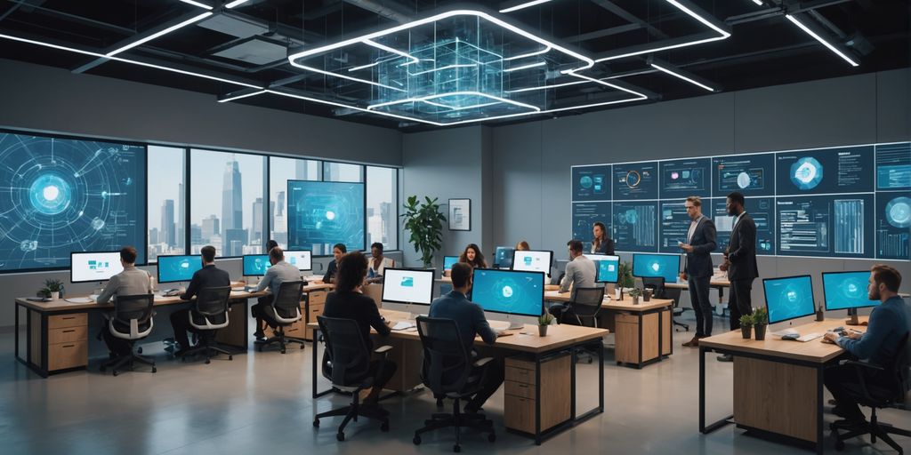 Modern office with AI elements and diverse employees collaborating
