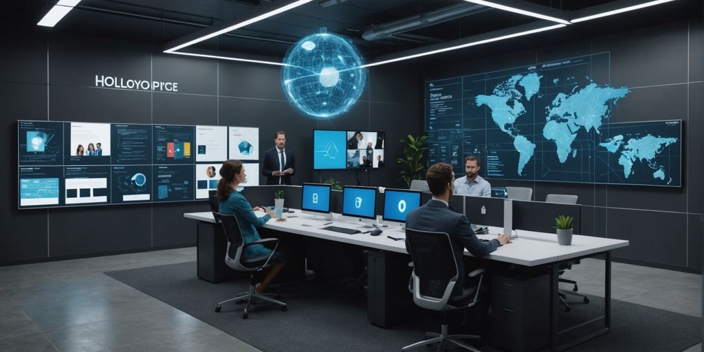 AI holograms interacting with employees in a modern office.