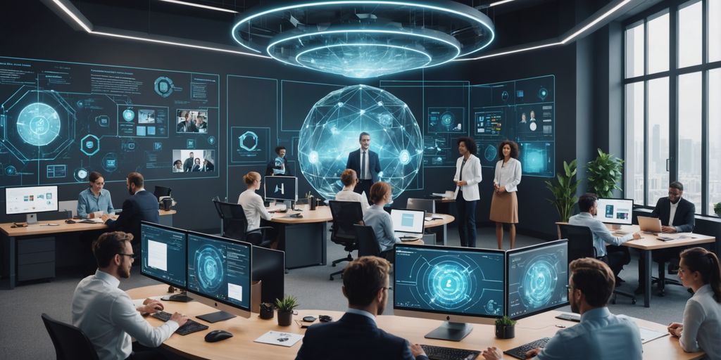 AI hologram in office with active employees