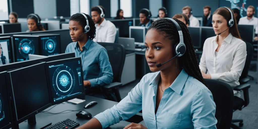 Agents in a call center with AI overlay