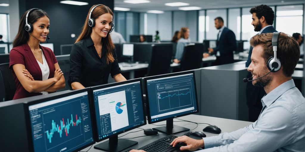 Diverse call center agents using AI technology.