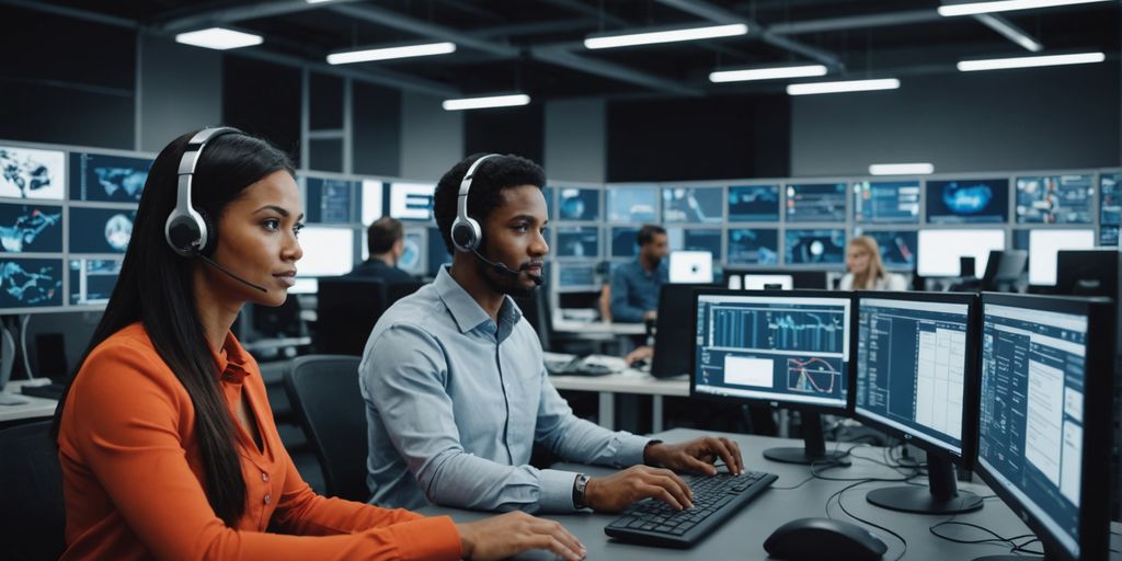 Modern call center with AI technology.