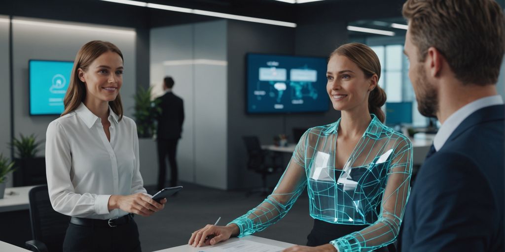 AI receptionist helping couple in office