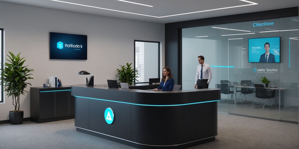 AI hologram receptionist in a modern office