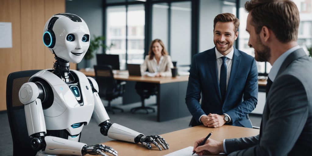 AI robot receptionist with couple and businessperson