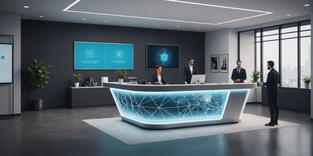AI receptionist hologram in a modern office