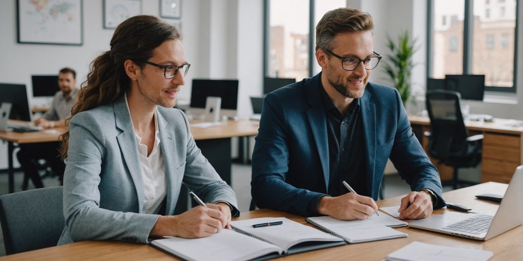 Startup founder and client in a modern office.