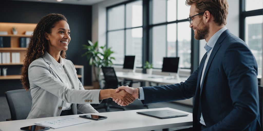Businessperson shaking hands with client in office