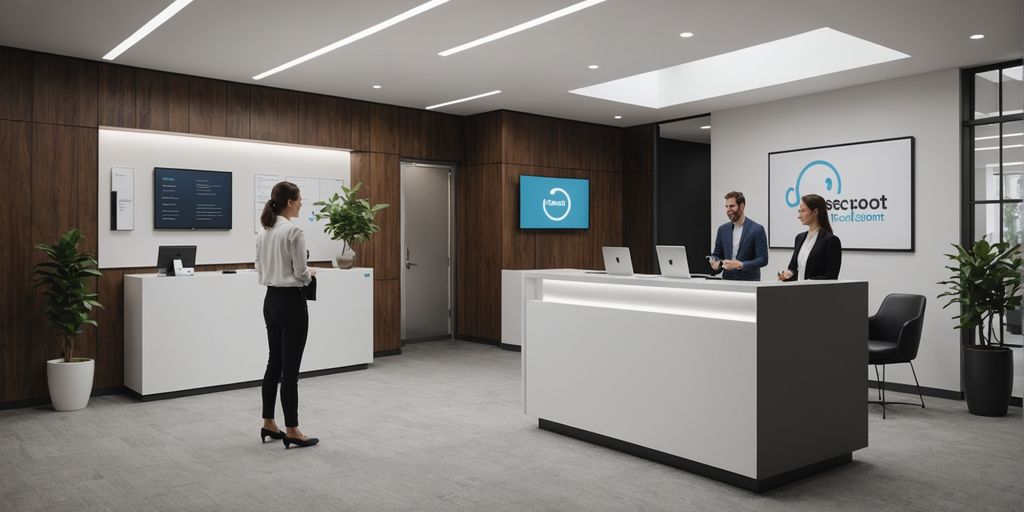Modern office with AI receptionist kiosk.