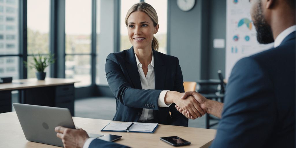 Businesswoman shaking hands with client in modern office.