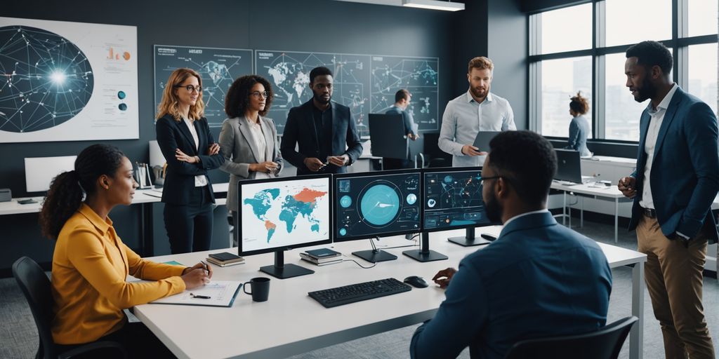 Team collaborating in modern office with AI graphics.