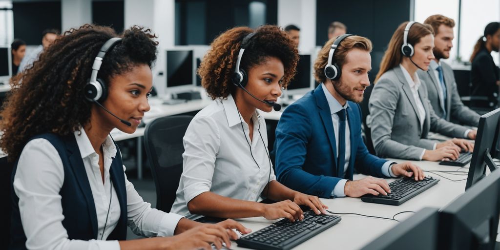 Call center agents with headsets working efficiently.