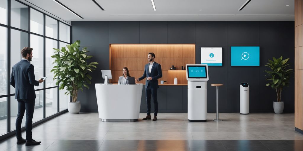 AI receptionist in a modern office lobby