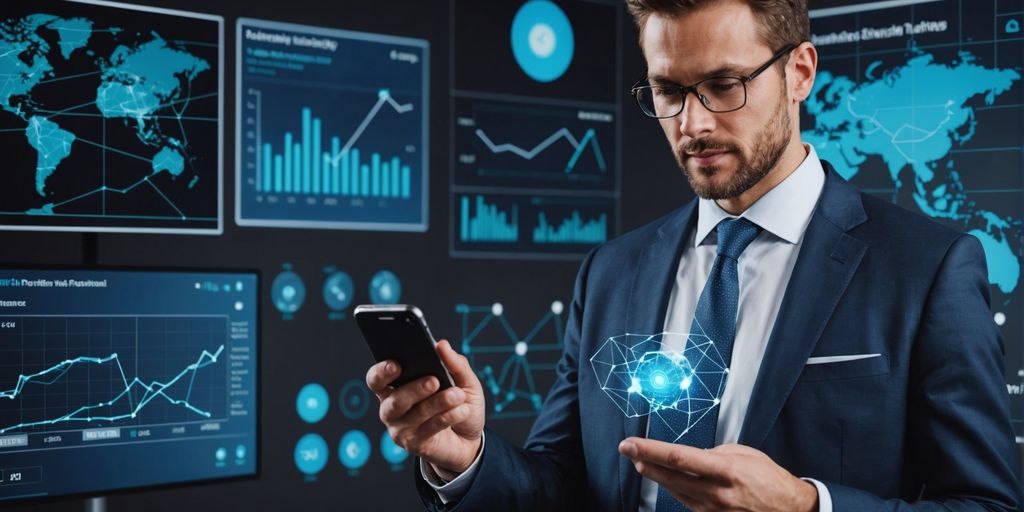 Professional with smartphone and digital growth charts