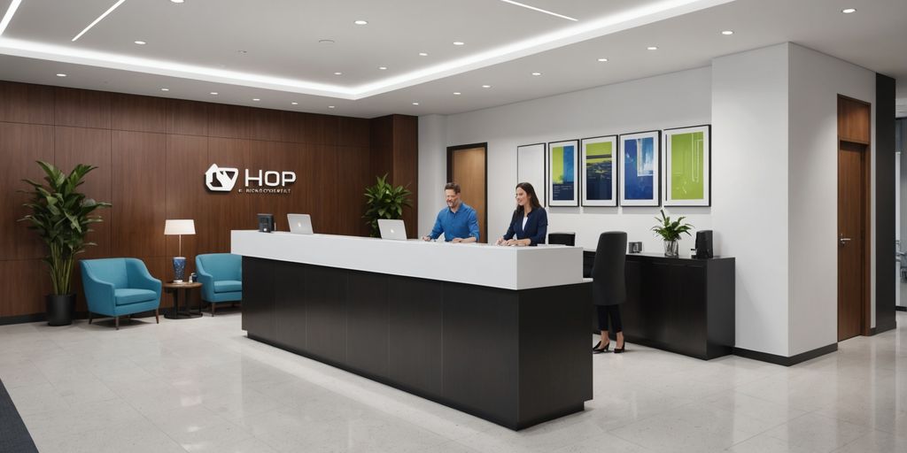 AI receptionist in a modern office lobby