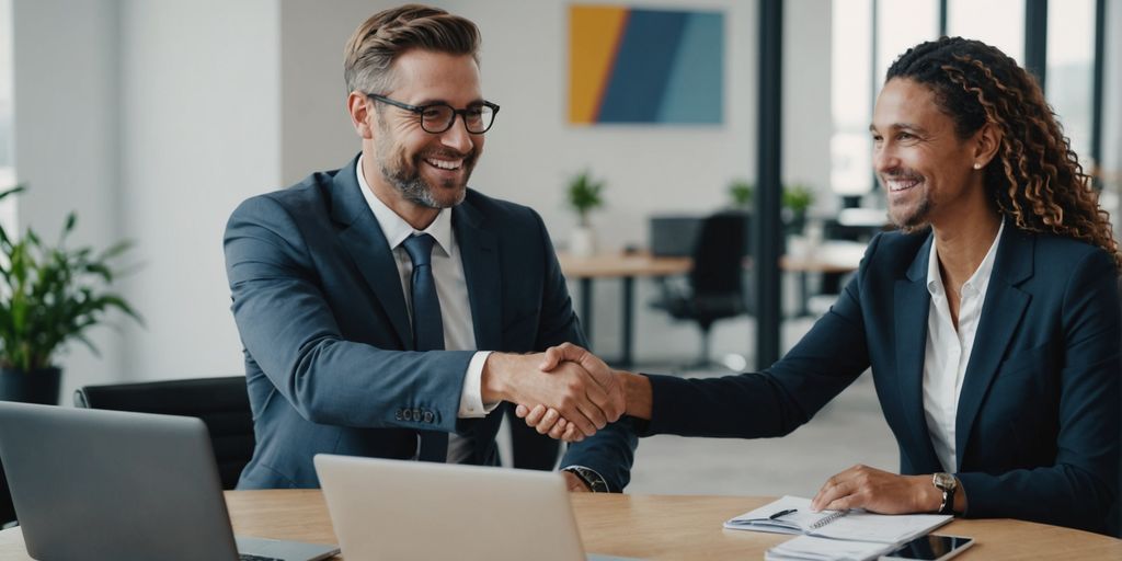 Businessperson shaking hands with client in office.