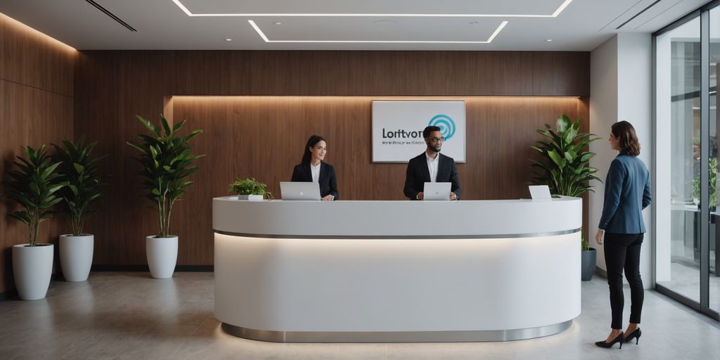 AI receptionist in a modern office lobby
