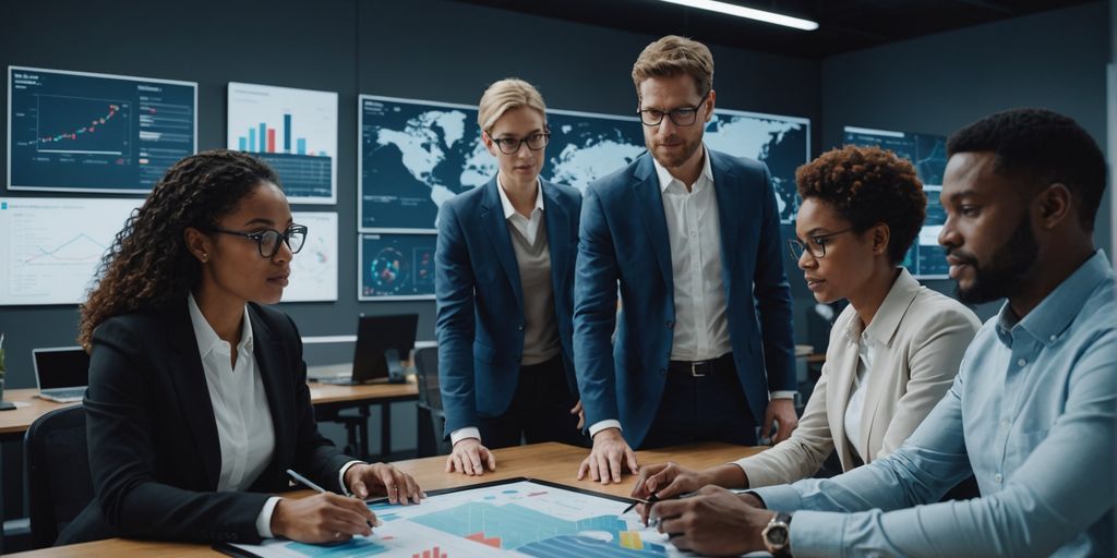 Business team with AI holograms in office.