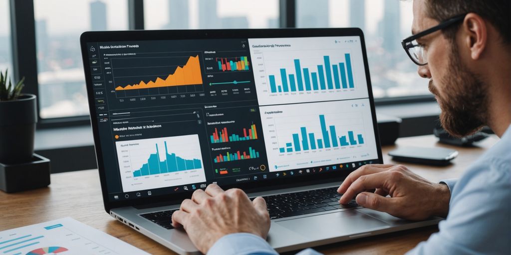 Professional analyzing AI software market trends on laptop.
